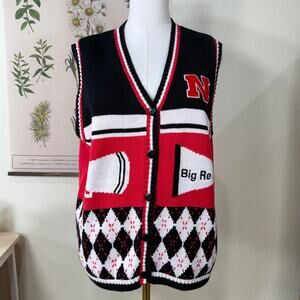Vintage Cornhuskers Huskers University Nebraska Button Up Argyle Sweater Vest XL